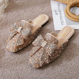 Femme Women's Loafer-Style Flat Sandals with Bow Detail - Elegant Mules Slides for Ladies