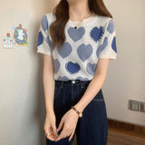 Round Neck Women's T-shirts Heart Pattern Tops for Women Knitted Women's Clothing