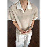 Men Contrast Cuff Lapel Textured Short Sleeve Polo Shirt Loose Vintage Neutral Tone Casual Summer Top