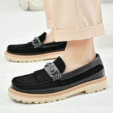 Comfortable Mens Platform Loafers Fashion Slip On Casual Shoes Suede Leather Upper Tassel Buckle Decor Chunky Sole Walking Shoe