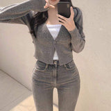 Plain Versatile Base Sweater V-neck Short Knit Cardigan Slim-fit Long Sleeve Short Top