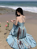 Bohemian Tie Dye Spaghetti Strap Maxi Dress Women V Neck High Waist Flowy Long Dress Holiday Beach Vacation Sundress