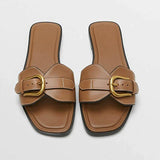 Women's Flat Slippers Fashionable Belt Buckle Slide Sandals, Casual Beach Shoes Sandales Plates