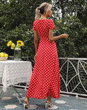 V Neck Short Sleeve Red White Polka Dot Wrap Maxi Dress Women Waist Tie High Slit Summer Beach Resort Vacation Sundress