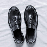 Thick Sole Height Increasing Tassels Loafers Classic Microfiber Men Dress Shoes Black Shoes