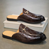 Men Backless Mule Loafers With Woven Pattern PU Leather Upper and Metal Buckle Daily Wear and Business Occasions