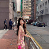 Women Pink Floral Print Spaghetti Strap Maxi Dress Lace Trim V Neck Tie Front Slim Fit Long Dress