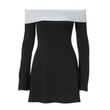 Black White Off Shoulder Long Flare Sleeve Mini Dress Bodycon A-Line Party Dress for Women