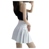 Women Side Lace up Pleated Mini Skirt Pink High Waist a Line Preppy School Uniform Skirt Girls Kawaii Pleated Short Skorts
