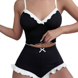 Women's Sexy Spaghetti Strap Pajama Set - Lace Trim & Ruffled Shorts Comfortable Loungewear