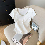 Women's Rhinestone Trim Crew Neck T-Shirt White Short Sleeve Ruched Slim Fit Casual Tops for Daily