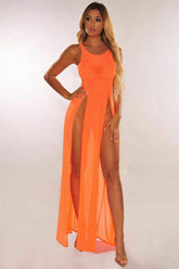 New European & American Style Sexy : Sheer Mesh See-Through High Slit Maxi Dress