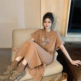 Women Crew Neck Heart Cutout Print T Shirt Dress Loose Oversized Casual Long Tee Dress Home Loungewear