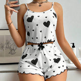 Classic Hot Selling Style Women's love Printed Suspender Shorts Two-piece Set Home Clothes