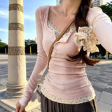 Women 2 in 1 Lace Trim Ribbed Long Sleeve Top Sweet Floral Print Faux Two Piece Slim Fit Square Neck Casual T-Shirt