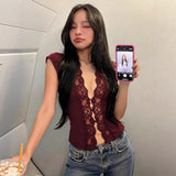 Deep V Lace Front Sleeveless Tank Top Women Burgundy Slim Corset Style Bodycon Vest