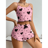 Ribbed Heart-Print Cami & Shorts Sleep Set - Casual Knitted Loungewear
