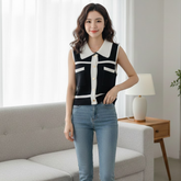 Color Contrast Tank Top for Women Single-breasted Cropped Turndown Going Out Tops