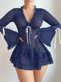 New European and American Style Sexy Lingerie Women's Sexy Lace Mesh Polka Dot Nightgowns, Pajamas Sets
