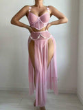 New Sexy Women's Mesh Heart Patchwork 2-Piece Pajama Set Long Sleeve Loungewear