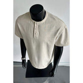 Men Solid Textured Stand Collar Henley Short Sleeve Shirt Loose Minimalist Casual Summer Blouse