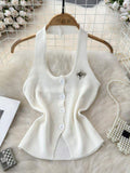 Halter Neck Star Rhinestone Button Knit Tank Top Women Sleeveless Slim Cropped Vest