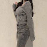 Plain Versatile Base Sweater V-neck Short Knit Cardigan Slim-fit Long Sleeve Short Top