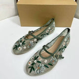 Round-Toe Mesh Women's Flats Ballet Shoes with Green Floral Embroidery Beautiful Quality Cute Walking Shoes