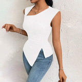 Women's European and American Elegant Style T-shirt 2025 Spring and Summer New Slim-fit Short Solid Color Top with Slant Collar