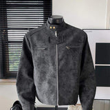 Men Vintage Distressed Suede Stand Collar Motorcycle Jacket Multi Zipper Pocket Cropped Retro Streetwear Coat