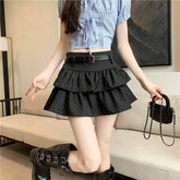 Women Belted Polka Dot Tiered Mini Skirt Grey Double Ruffle Cake Skirt High Waist Sweet Girls Summer Casual Short Skirts