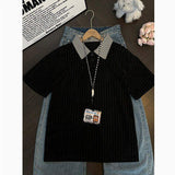Men Contrast Houndstooth Collar Textured Short Sleeve Polo Shirt Loose Waffle Knit Casual Summer Top