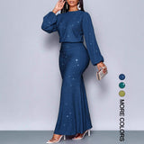Glitter Long Sleeve Round Neck Mermaid Skirt Two Piece Set Women Elegant Banquet Evening Formal Maxi Dress