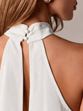 Women Satin Cowl Halter Neck Blouse Asymmetric Irregular Hem Lace Trim Sleeveless Elegant Daily Tank Top