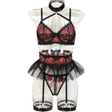 New Flower Embroidered Mesh Strap Hanging Neck Sexy Underwear Complex Sex Four Piece Set for Women