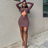 Long Sleeve Double Hollow Out Mini Dress Women Metal Ring Ruched Waist Bodycon Night Club Figure Hugging Stretch Short Dress