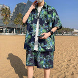 Men's Tropical Print Two Piece Set - Short Sleeve Hawaiian Shirt & Shorts Beach Vacation Outfit