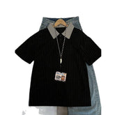 Men Contrast Houndstooth Collar Textured Short Sleeve Polo Shirt Loose Waffle Knit Casual Summer Top
