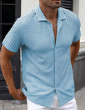 Men Hollow Waffle Knit Short Sleeve Shirt Breathable Textured Button up Shirt Summer Beach Casual Shirts for Men