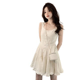 Women White Sleeveless Tiered Mini Dress Square Neck Button Down Ruffle Hem Casual A-Line Summer Sundress