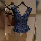 Women French Polka Dot Tank Top V-Neck Lace Ruffle Sleeveless Top Slim Blue Inner Shirt for Summer