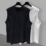 Men Distressed Hole Sleeveless Tank Top Crew Neck Raw Edge Loose Fit Streetwear Vest Two Colors Black White