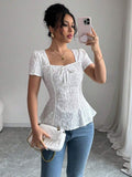 2026 New Arrival Women's Lace T-shirt with Square Neck & Peplum Hem