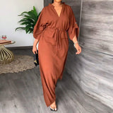 Stand Collar Drawstring Waist Side Split Long Kaftan Dress Women Loose Summer Casual Maxi Robe Dress
