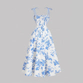Vintage Floral Print Tie Strap Spaghetti Strap Swing Midi Sundress
