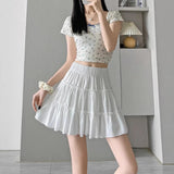 Sweet Women's Elastic Waist Tiered Cake Mini Skirt Casual White A-Line Flowy Ruffle Skirt for Summer