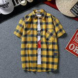 Men's Summer Plaid Short Sleeve Shirt, Korean Slim Fit Thin Casual Blouse, Trendy Handsome Teen Couple Shirts