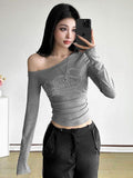 2026 Wholesale Trendy Letter Hot Diamond Oblique Collar Shoulder Long-sleeved T-shirt Women's Pleated Spice Top