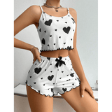 Ribbed Heart-Print Cami & Shorts Sleep Set - Casual Knitted Loungewear
