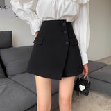 Women High Waist Button Irregular Skort Solid Suit Fabric Wrap Mini Skirt Office Elegant Ladies Short Skirts With Faux Pockets